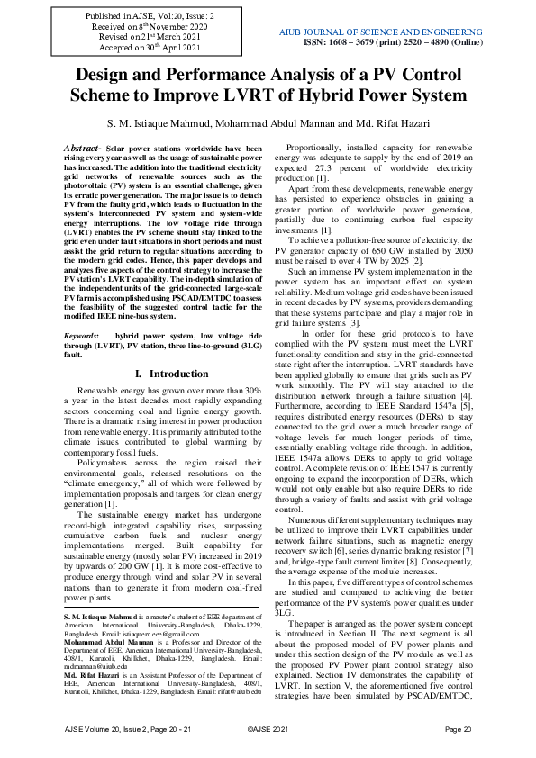 (PDF) Design and Performance Analysis of a PV Control Scheme to Improve ...
