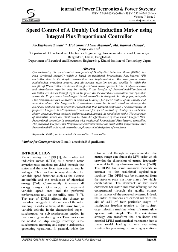 (PDF) Speed Control of A Doubly Fed Induction Motor using Integral Plus ...