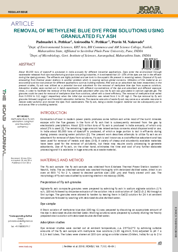 (PDF) Removal of Methylene Blue Dye from Solutions Using Granulated Fly Ash