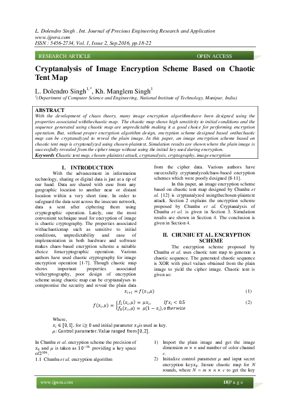 (PDF) Cryptanalysis of Image Encryption Scheme Based on Chaotic Tent Map