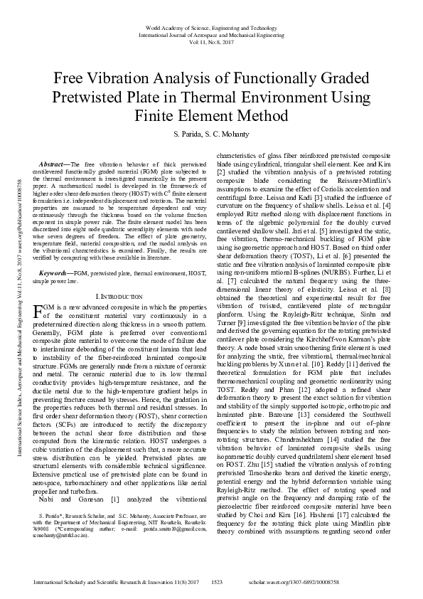 (PDF) Free Vibration Analysis Of Functionally Graded Pretwisted Plate ...