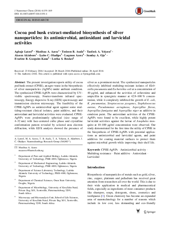 (PDF) Cocoa pod husk extractmediated biosynthesis of silver nanoparticles its antimicrobial