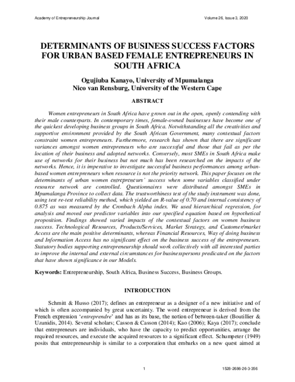 (PDF) Determinants of Business Success Factors for Urban Based Female ...