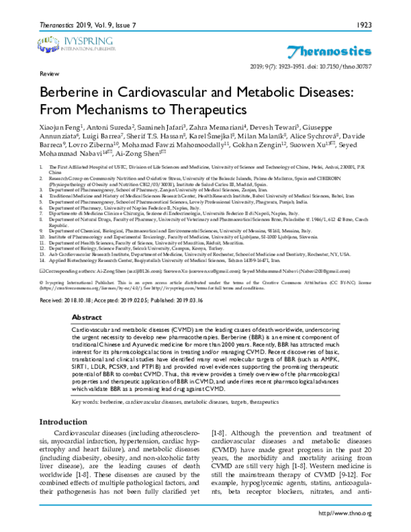 (PDF) Berberine in Cardiovascular and Metabolic Diseases: From ...