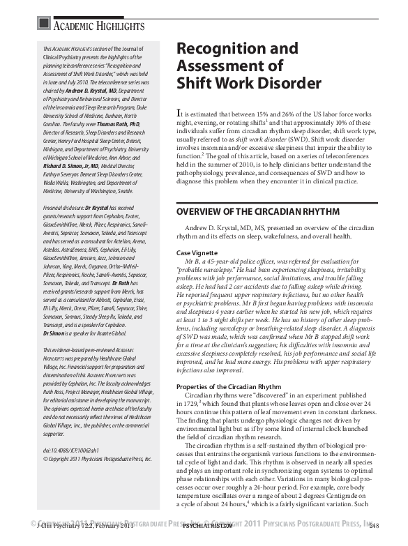 (PDF) Recognition and Assessment of Shift Work Disorder Andrew