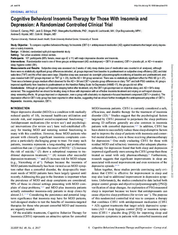 (PDF) Cognitive Behavioral Insomnia Therapy for Those With Insomnia and ...