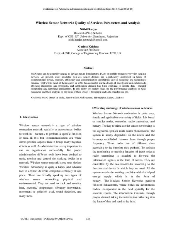 (PDF) Wireless Sensor Network: Quality of Services Parameters and Analysis
