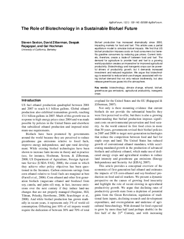 (PDF) The role of biotechnology in a sustainable biofuel future