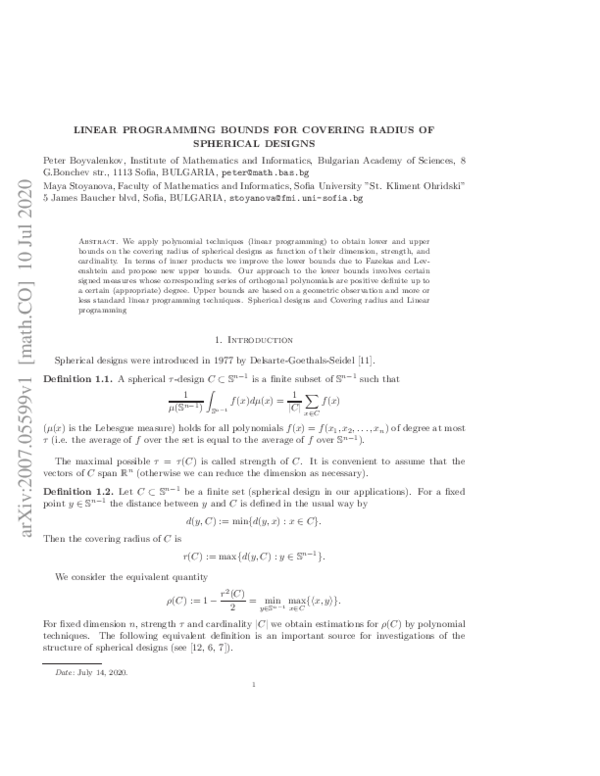 (PDF) Linear Programming Bounds for Covering Radius of Spherical Designs