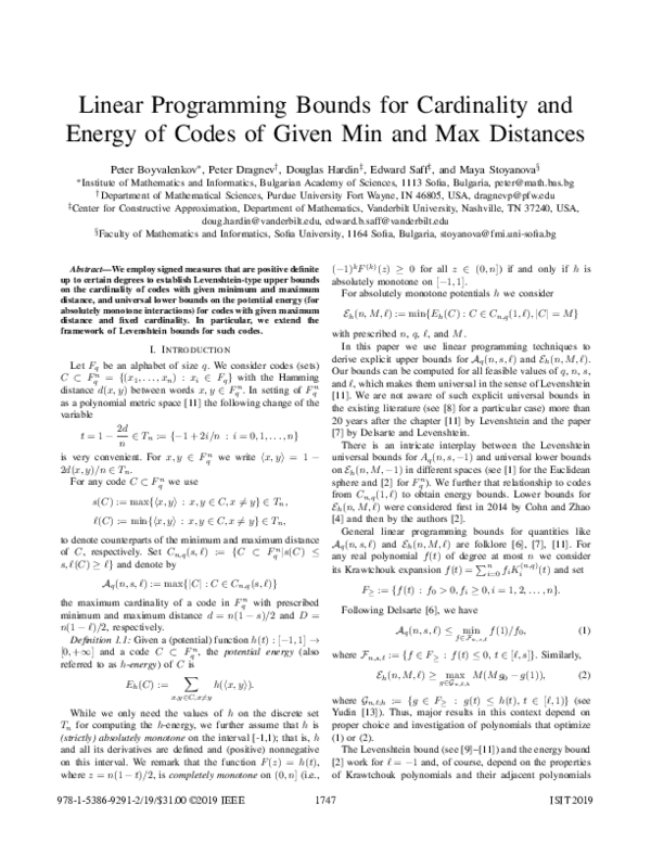 (PDF) Linear Programming Bounds for Cardinality and Energy of Codes of ...