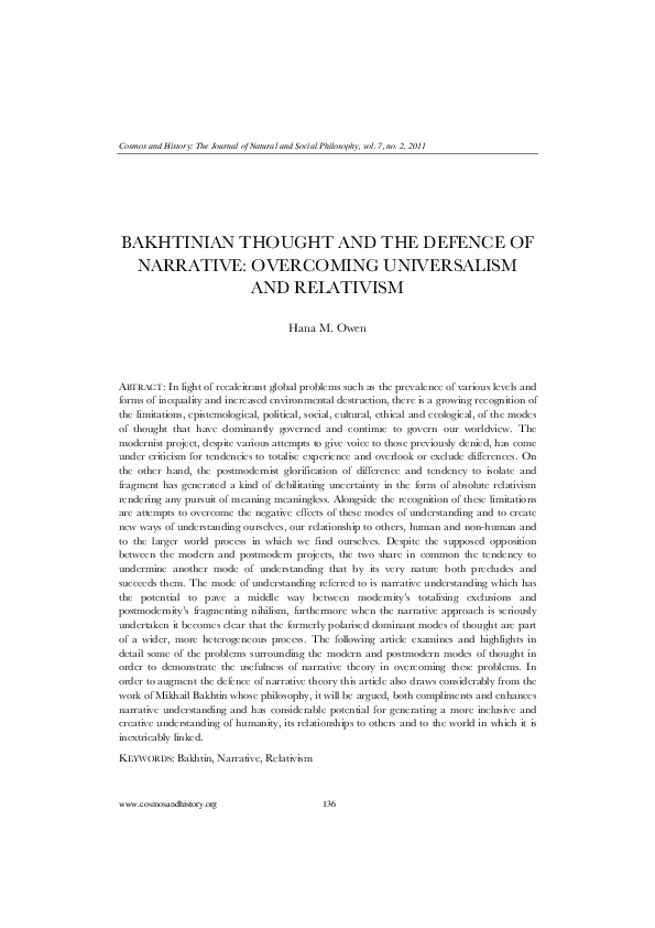 (PDF) Bakhtinian Thought and the Defence of Narrative: Overcoming ...