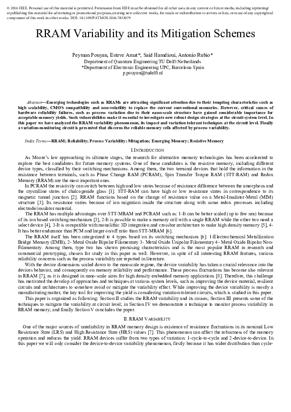 (PDF) Mitigating RRAM Variability for Reliability