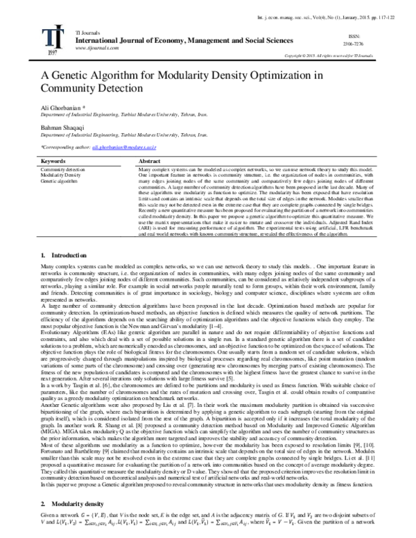 (PDF) Community detection Modularity Density Genetic algorithm