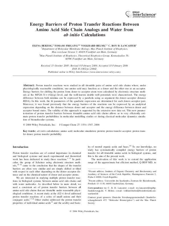 (PDF) Energy barriers of proton transfer reactions between amino acid ...