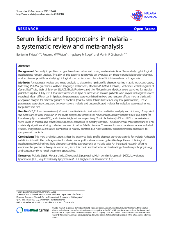 (PDF) Serum lipids and lipoproteins in malaria - a systematic review ...