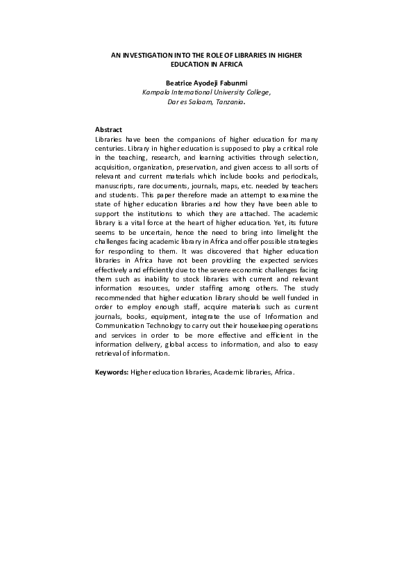 (PDF) An Investigation Into the Role of Libraries in Higher Education ...