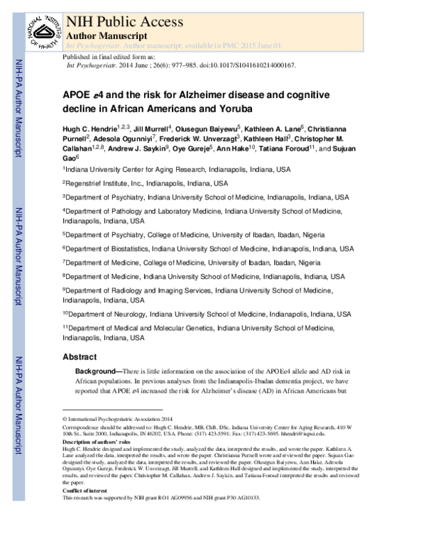 (PDF) APOE ε4 and the risk for Alzheimer disease and cognitive decline ...