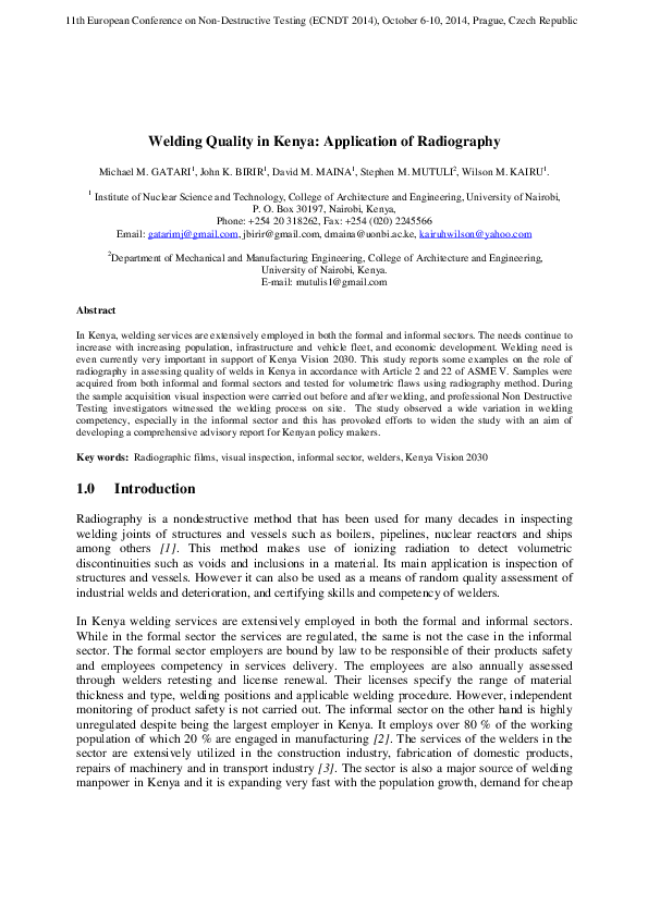 Welding Quality in Kenya: Application of Radiography