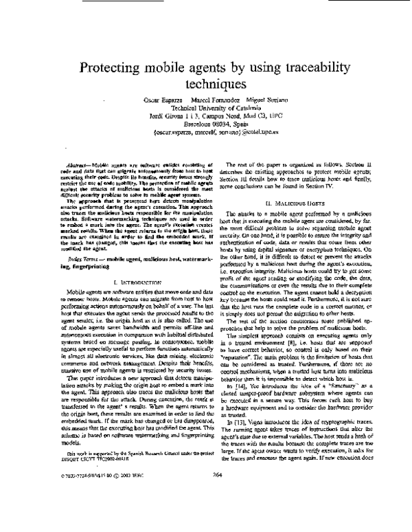 (PDF) Protecting mobile agents by using traceability techniques