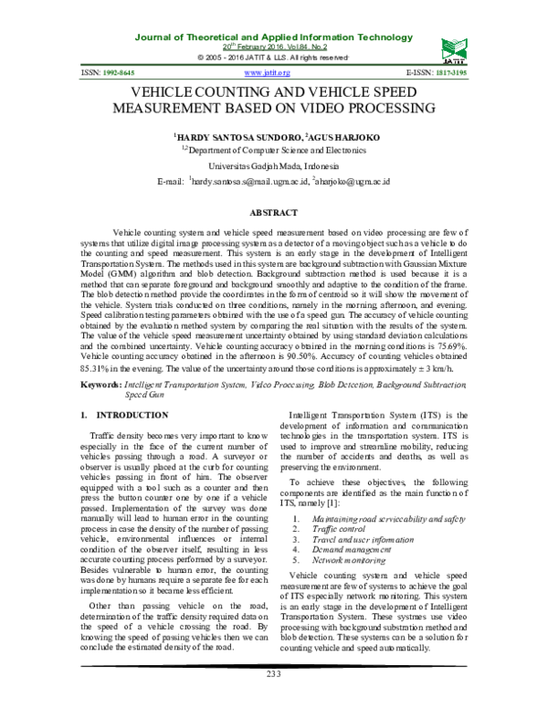 (PDF) Vehicle Counting and Vehicle Speed Measurement Based on Video ...