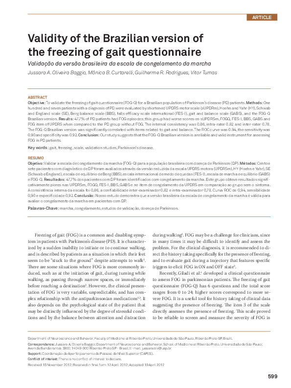 (PDF) Validity of the Brazilian version of the freezing of gait ...