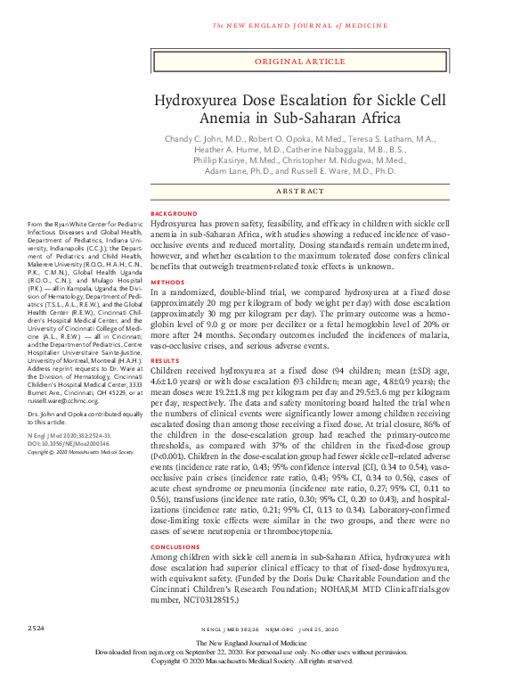 (PDF) Hydroxyurea Dose Escalation for Sickle Cell Anemia in Sub-Saharan ...