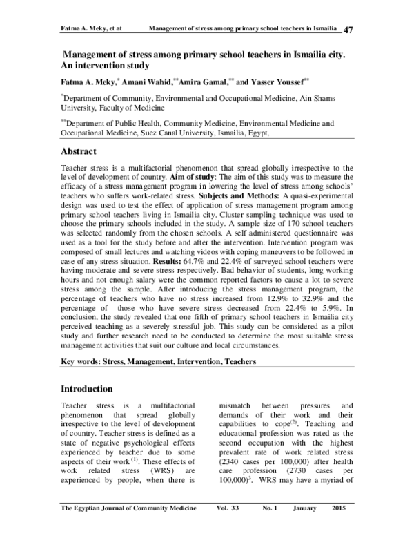 (PDF) Management of stress among primary school teachers in Ismailia ...