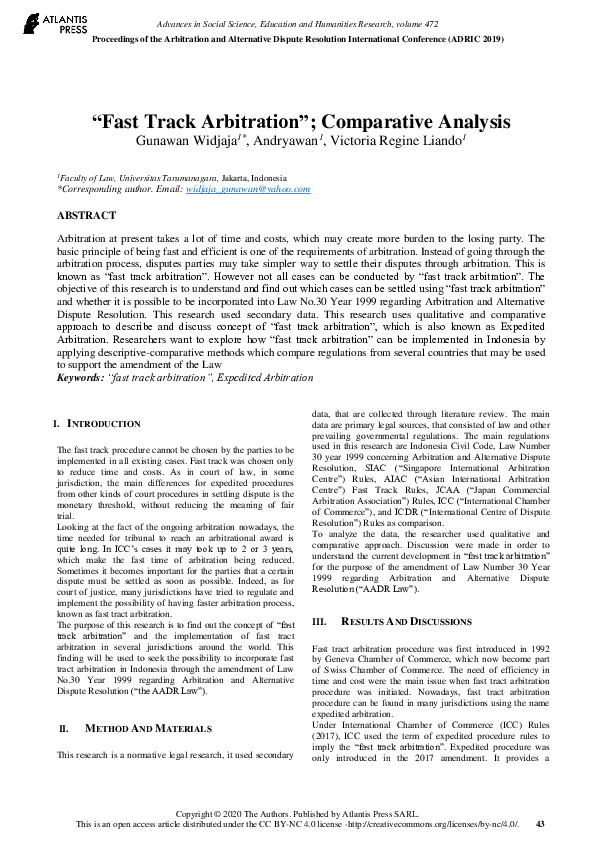 (PDF) “Fast Track Arbitration”; Comparative Analysis Gunawan Widjaja
