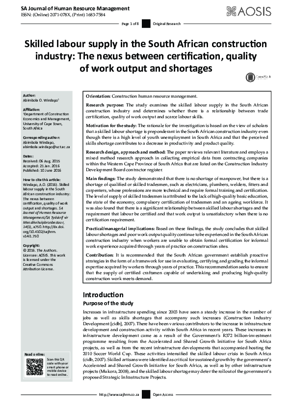 (PDF) Skilled labour supply in the South African construction industry ...