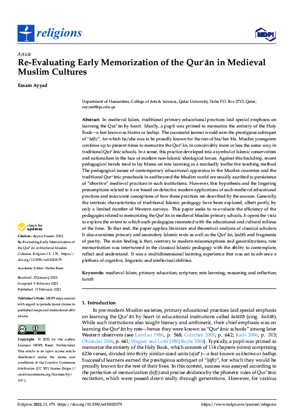 (PDF) Re-Evaluating Early Memorization of the Qurʾān in Medieval Muslim ...