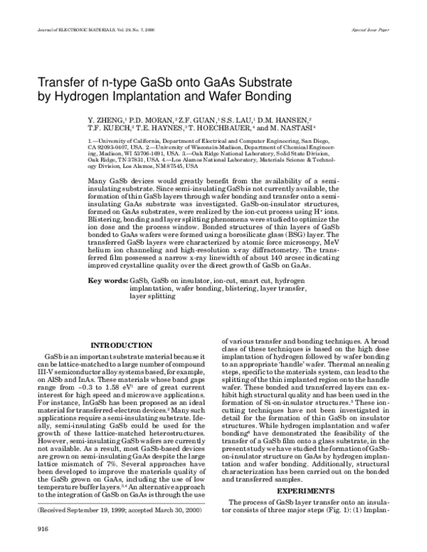 (PDF) Transfer of n-type GaSb onto GaAs substrate by hydrogen ...
