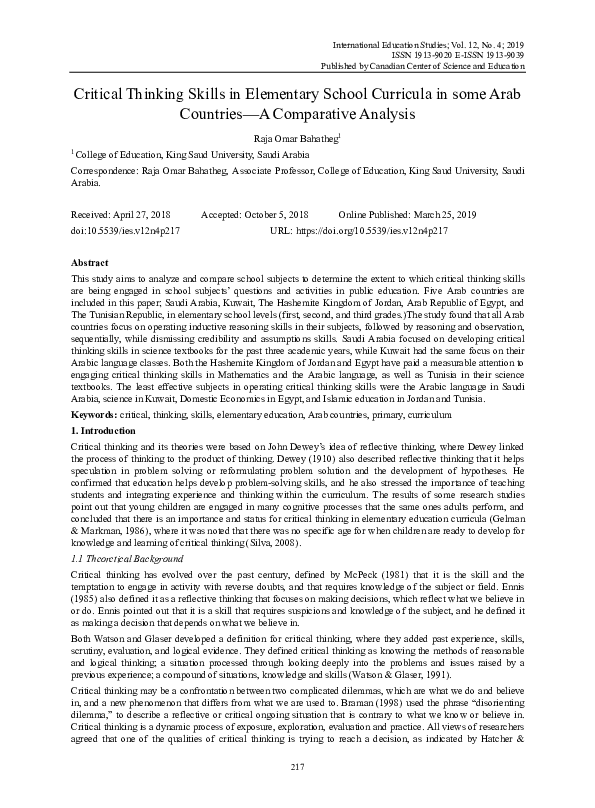 (PDF) Critical Thinking Skills in Elementary School Curricula in some ...