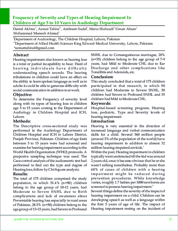 (PDF) Frequency of Severity and Types of Hearing Impairment In Children ...
