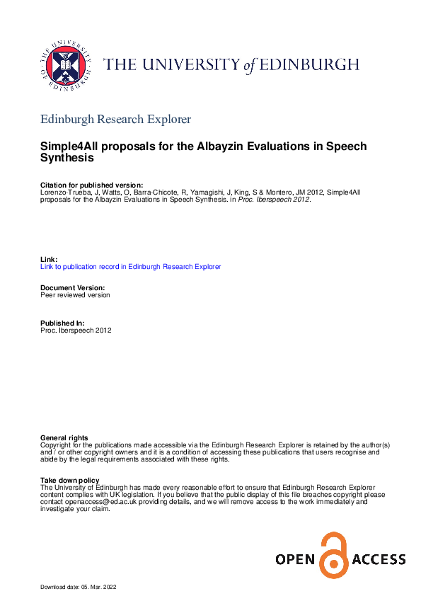 (PDF) Simple4all proposals for the albayzin evaluations in speech synthesis