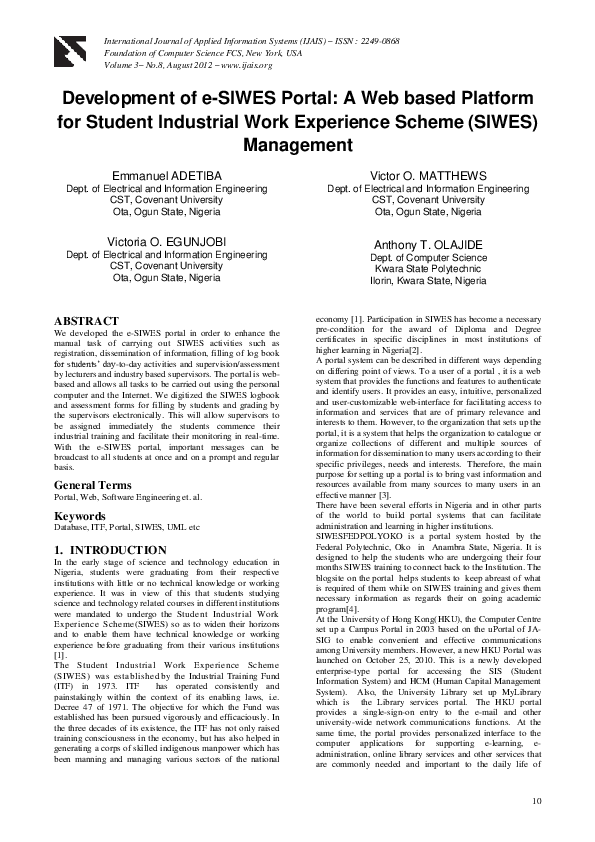 (PDF) Development of e-SIWES Portal: A Web based Platform for Student ...