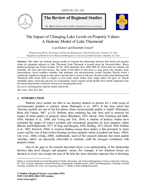 (PDF) The Impact of Changing Lake Levels on Property Values A Hedonic