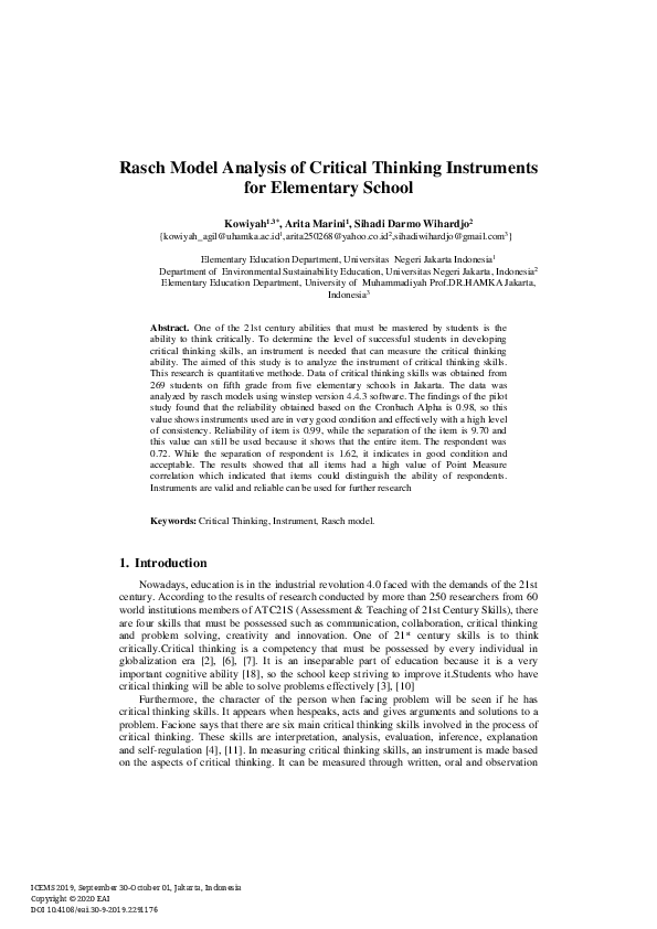 (PDF) Rasch Model Analysis of Critical Thinking Instruments for ...