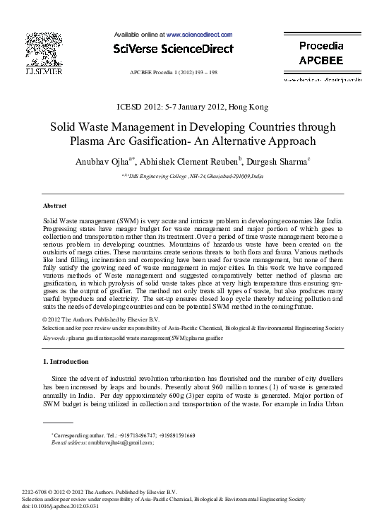 (PDF) Solid Waste Management in Developing Countries through Plasma Arc ...