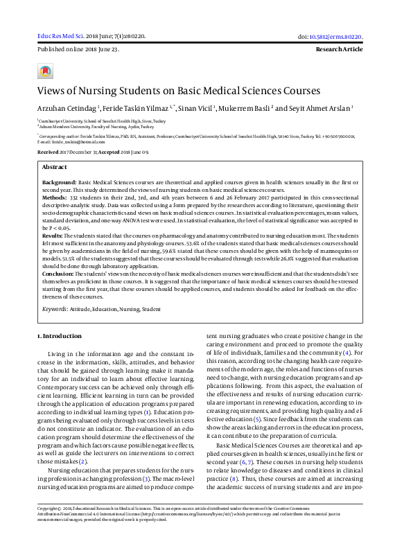 (PDF) Views of Nursing Students on Basic Medical Sciences Courses
