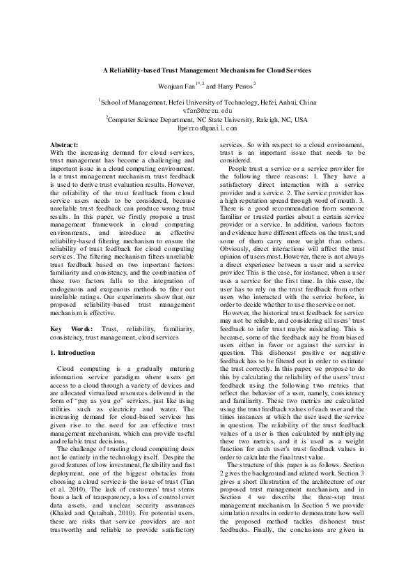 (PDF) A Reliability-Based Trust Management Mechanism for Cloud Services