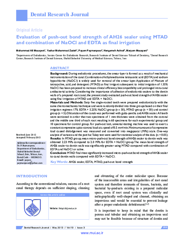 (PDF) Evaluation of pushout bond strength of AH26 sealer using MTAD