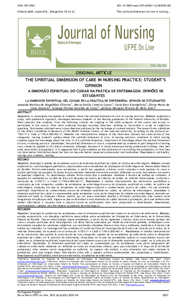 (PDF) The spiritual dimension of care in nursing practice: student's ...