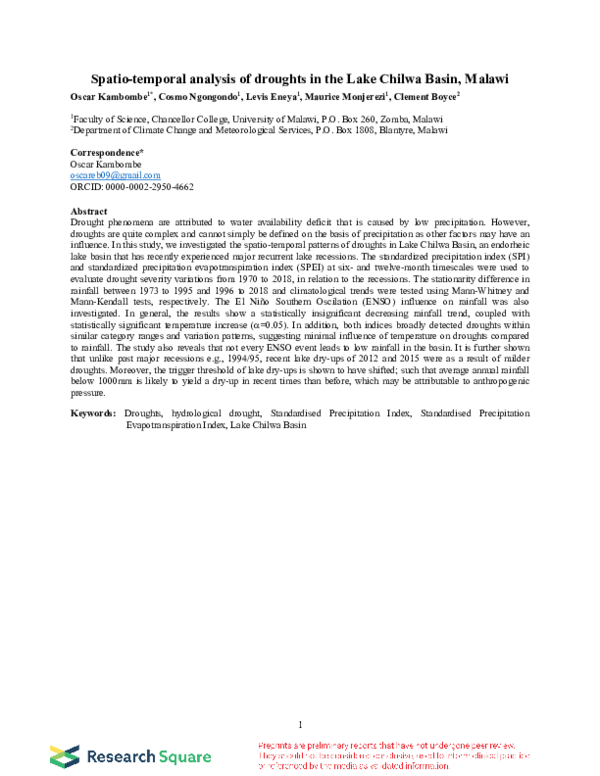(PDF) Spatio-temporal analysis of droughts in the Lake Chilwa Basin, Malawi