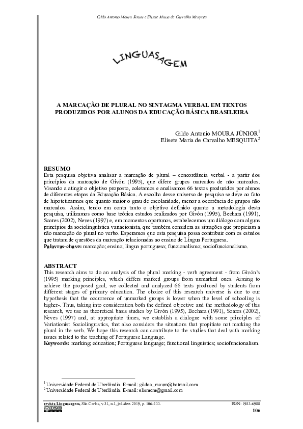 (PDF) A Marcação De Plural No Sintagma Verbal Em Textos Produzidos Por ...