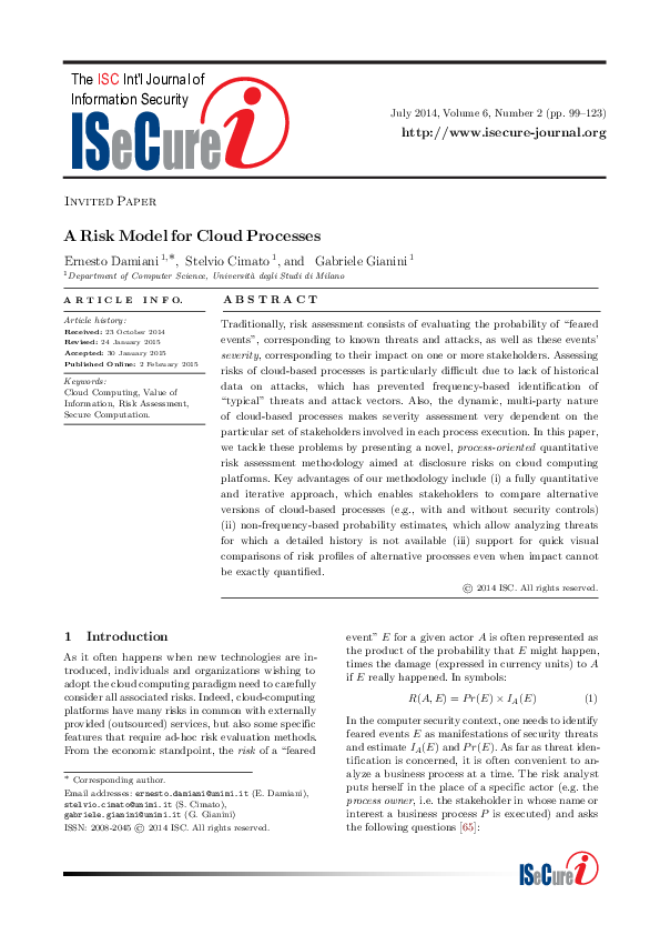 (PDF) A Risk Model for Cloud Processes
