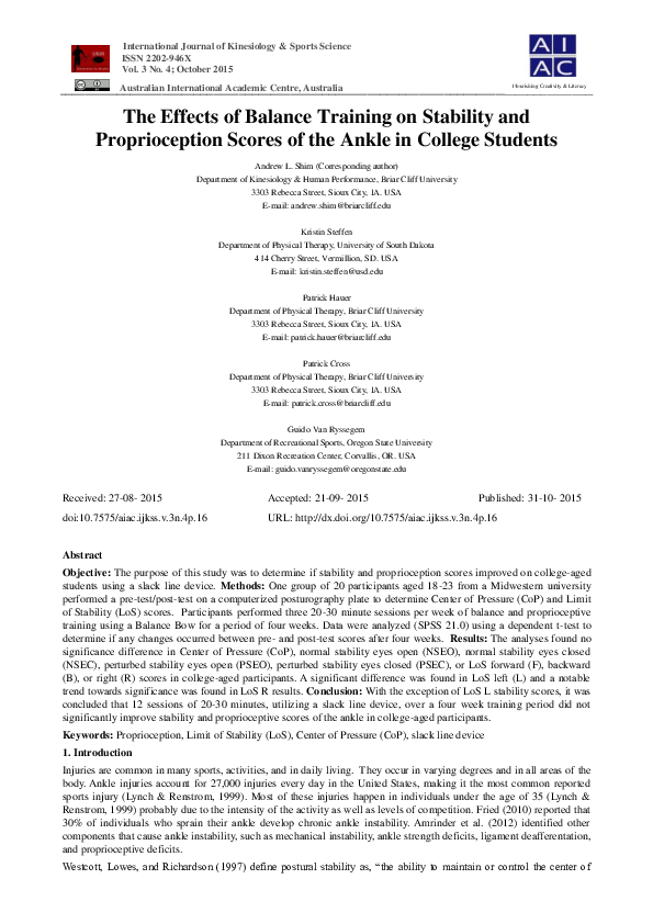 (PDF) The Effects of Balance Training on Stability and Proprioception ...