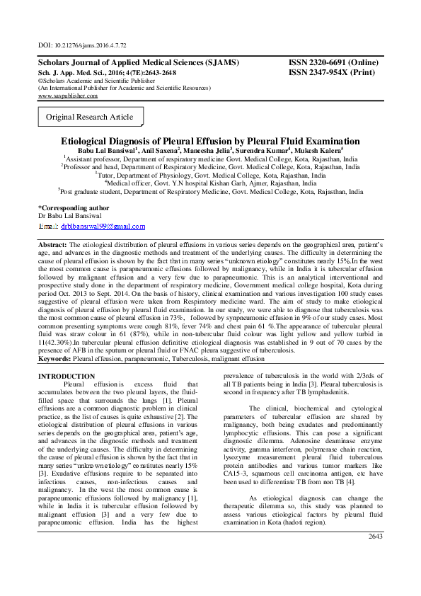 (PDF) Etiological Diagnosis of Pleural Effusion by Pleural Fluid ...