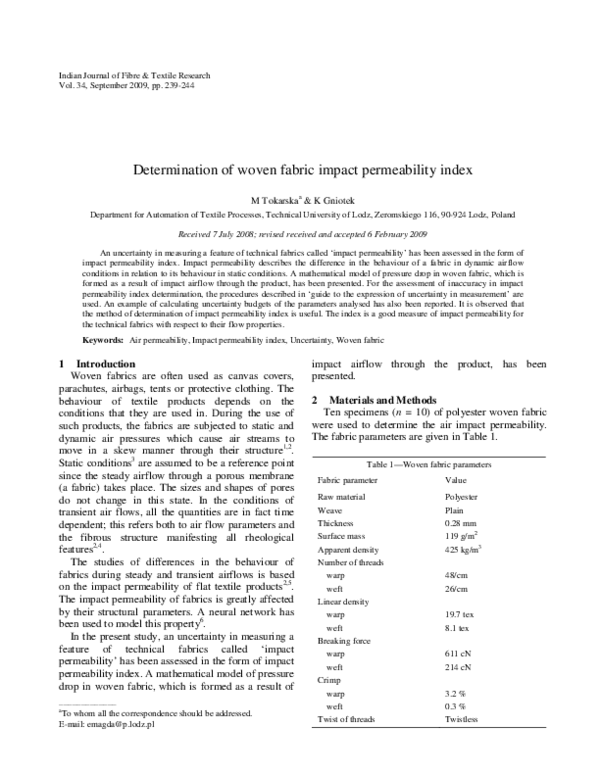(PDF) Determination of woven fabric impact permeability index
