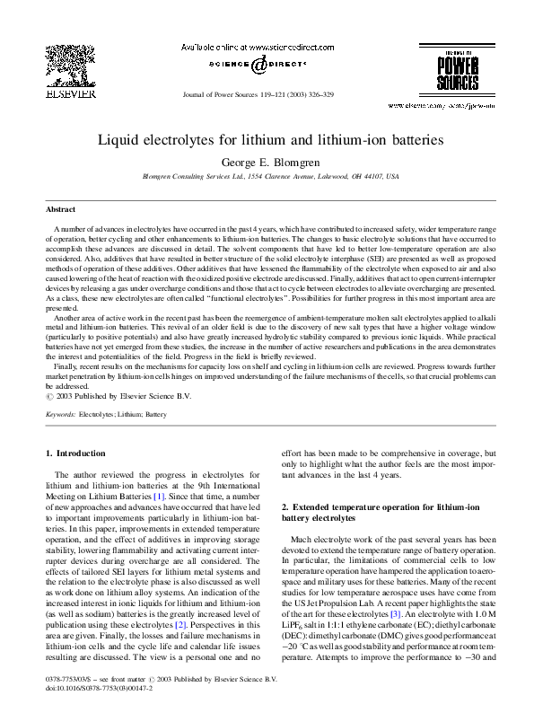 (PDF) Liquid electrolytes for lithium and lithium-ion batteries