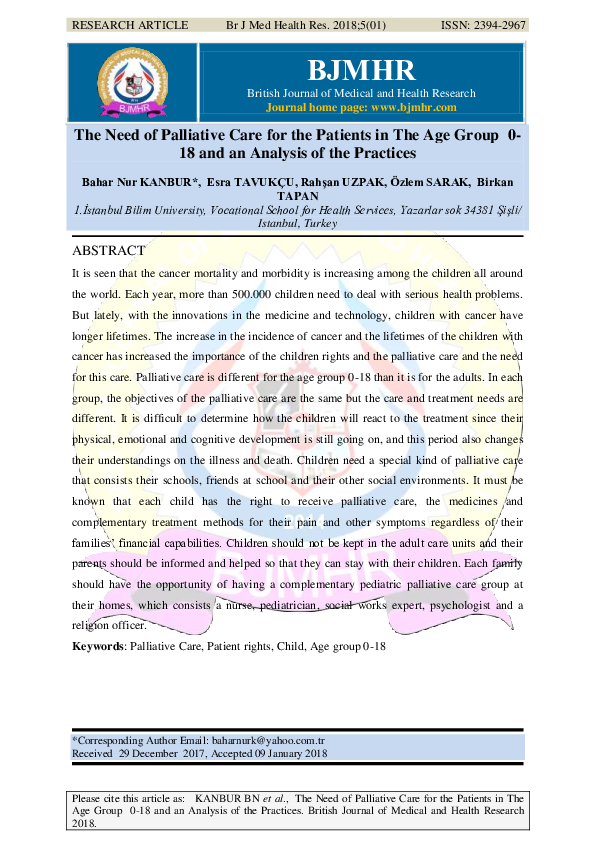 (PDF) The Need of Palliative Care for the Patients in The Age Group 0 ...